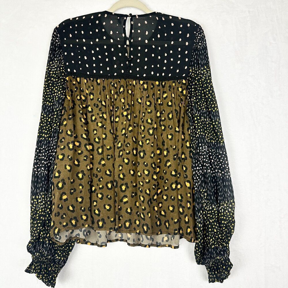 Anthropologie Blank London Eclectic Leopard Peasant Blouse Size XS Patchwork - Picture 3 of 8
